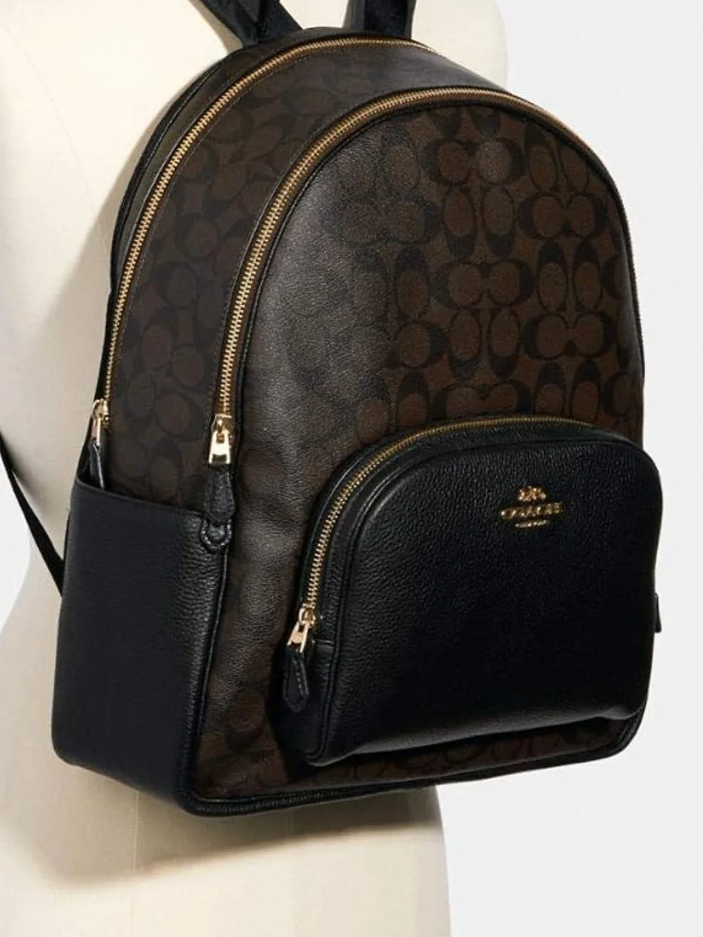 Coach Brown & Black Signature Canvas Backpack with Gold Hardware